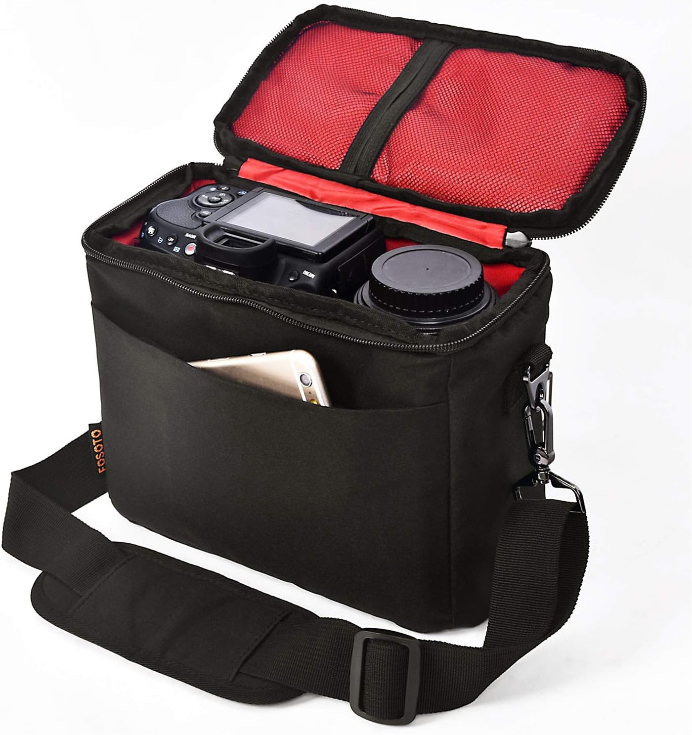 FOSOTO Kameratasche für DSLR SLR Digitalkamera, Stoßfest, Wasserdicht, Umhängetasche für 1 Kamera, 1–2 Objektive und Zubehör, geeignet für Canon 700D 1200D 600D, Nikon Sony a7 II a6400, Panasonic · Hauptbild